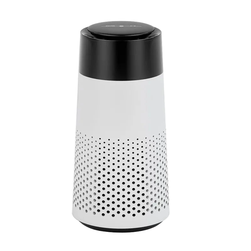 White cylindrical device with black perforated top on a white background