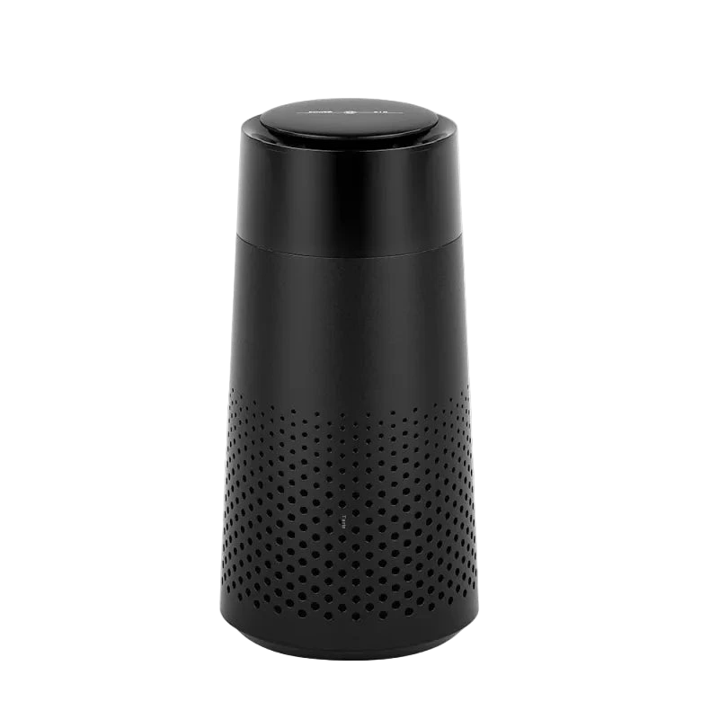Black cylindrical device with perforated design on a white background