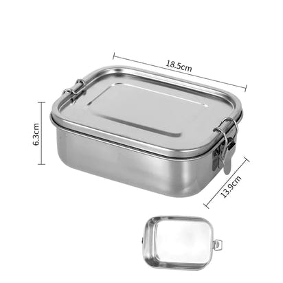 Stainless steel lunch box with dimensions on a white background