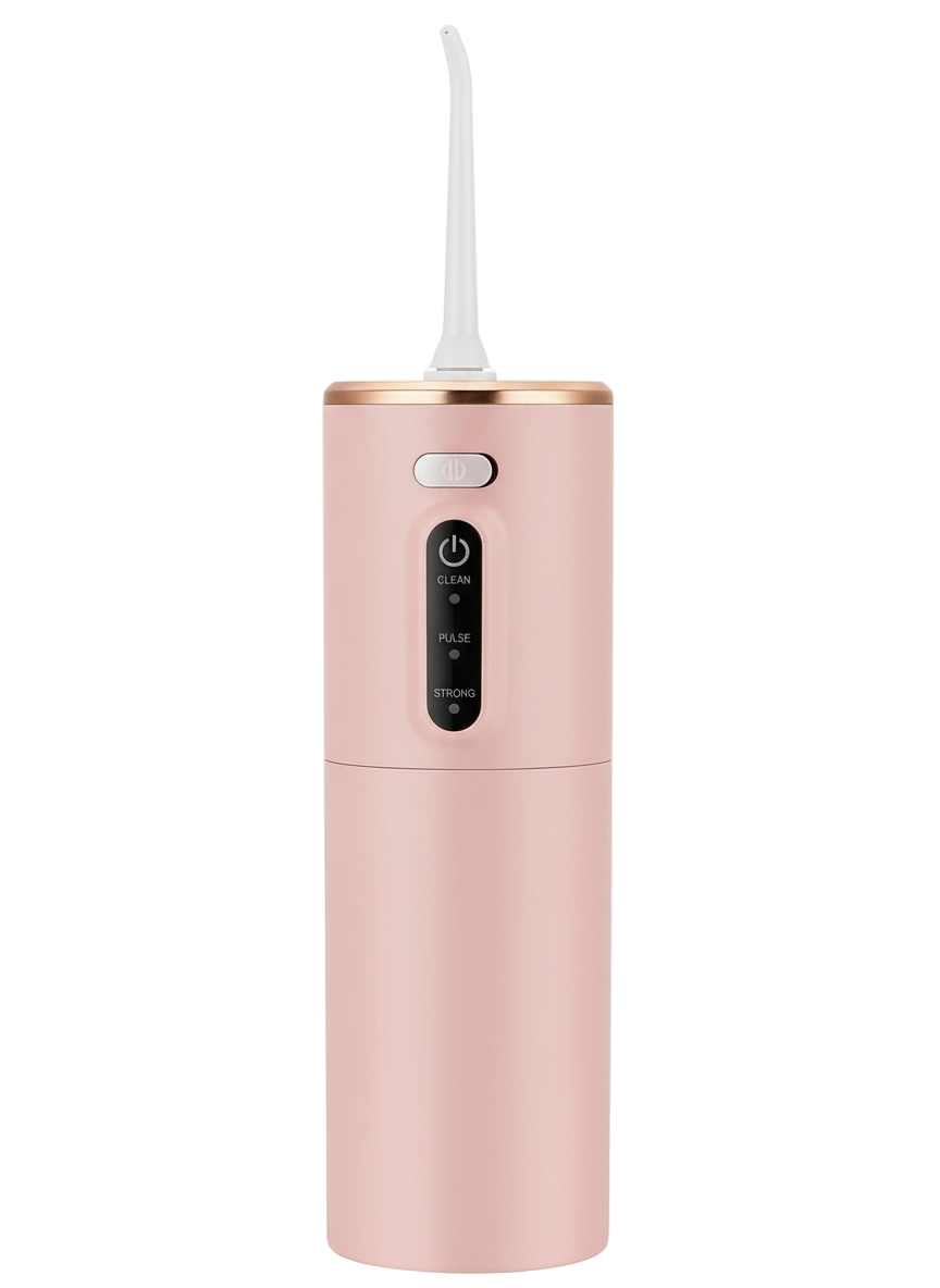 Pink dental water flosser on a white background
